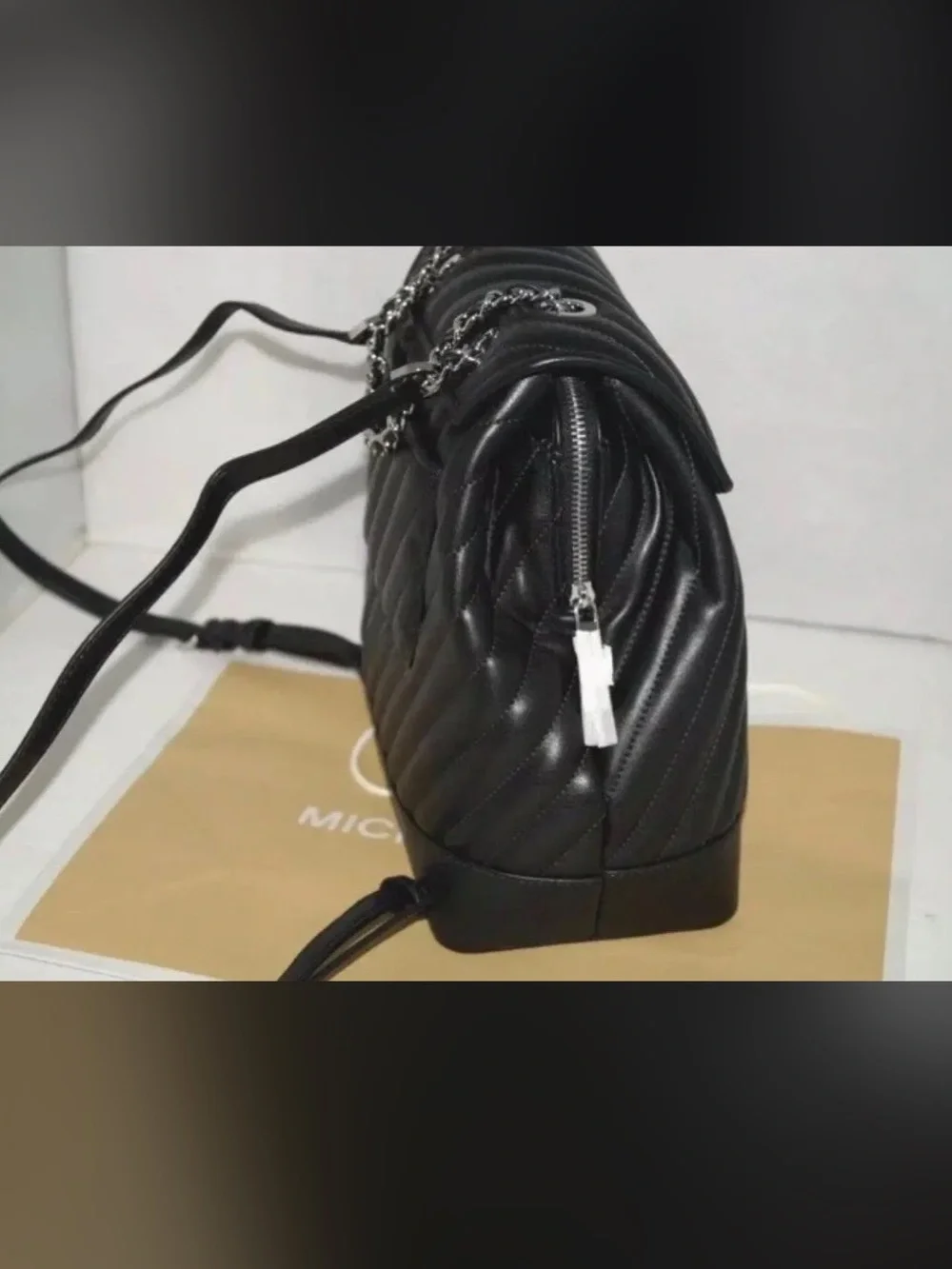 Michael Kors Rose Black Quilted Leather Chain Backpack Medium size